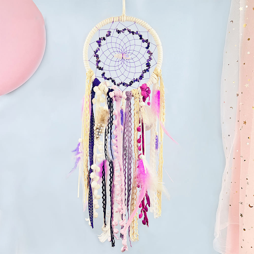 Lavender Amethyst Dreamcatcher Crystal Stone Wind Chime Hand-Woven Wall Ornament