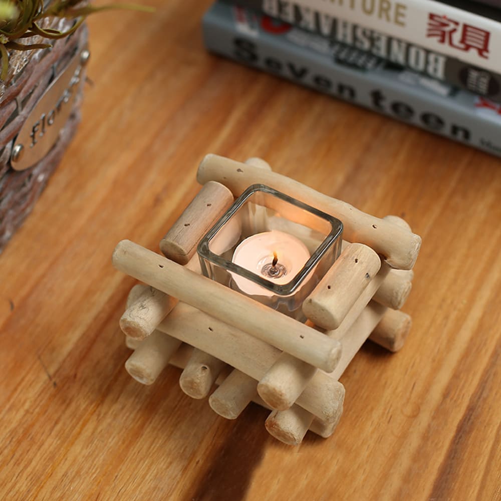 Square Wooden Candlestick Handcrafted Creative Handicraft Home Decoration