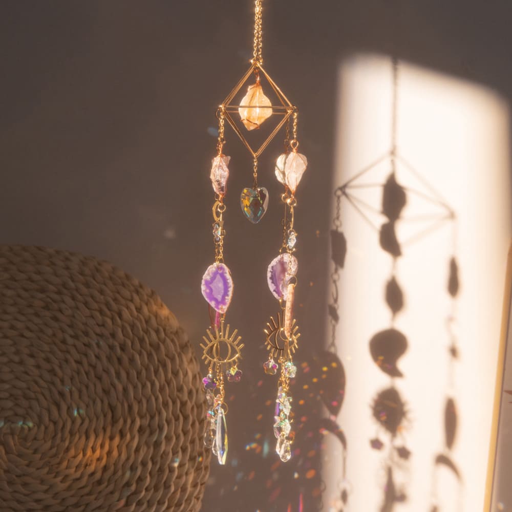 Green Agate Sun Catcher Crystal Pendant Moon Star Crushed Stone Sunshine Garden Hanging Decor