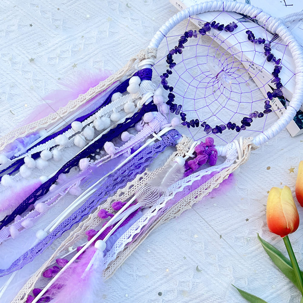 Lavender Amethyst Dreamcatcher Crystal Stone Wind Chime Hand-Woven Wall Ornament