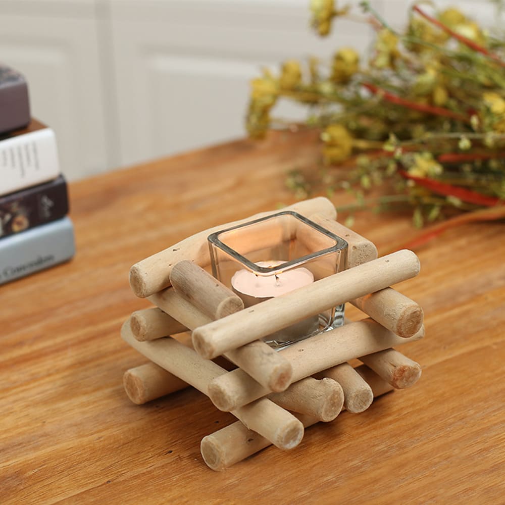 Square Wooden Candlestick Handcrafted Creative Handicraft Home Decoration