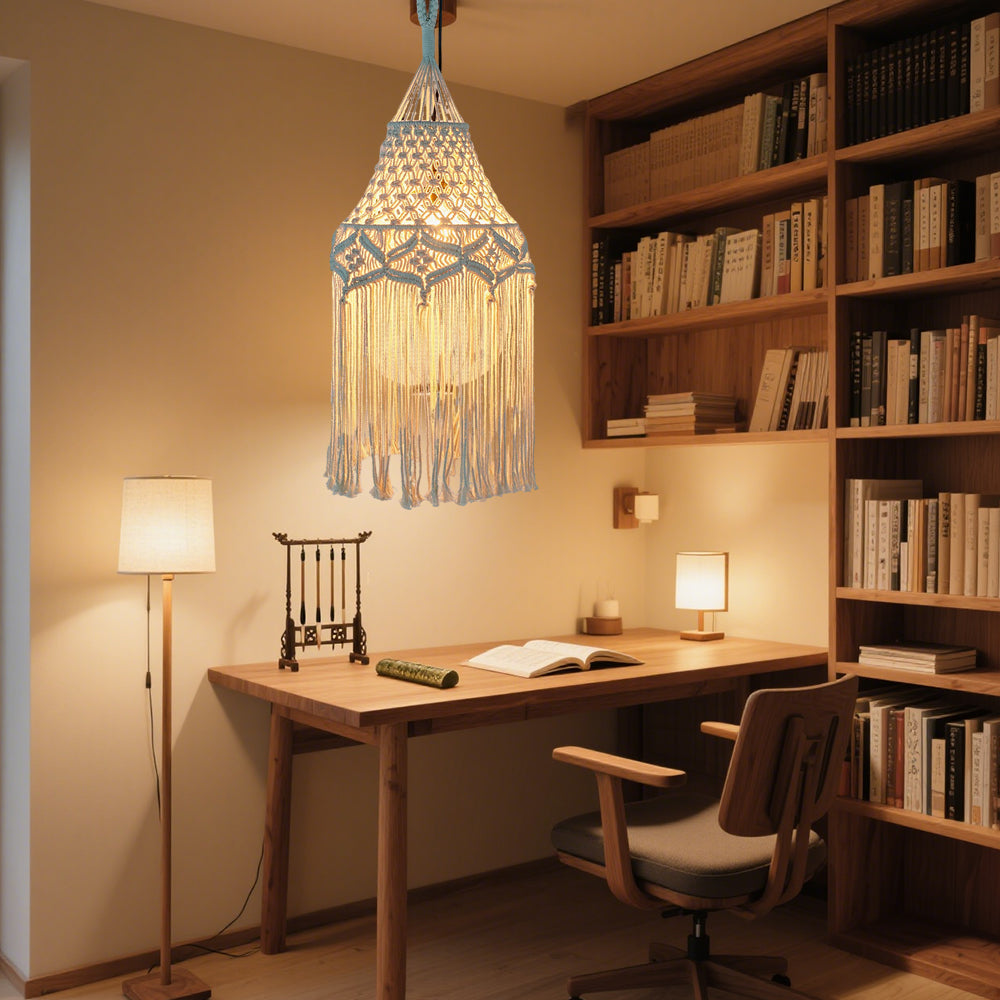 Hand-Woven Cotton Rope Lampshade Decorated With Bohemian Long Tassel Tapestries