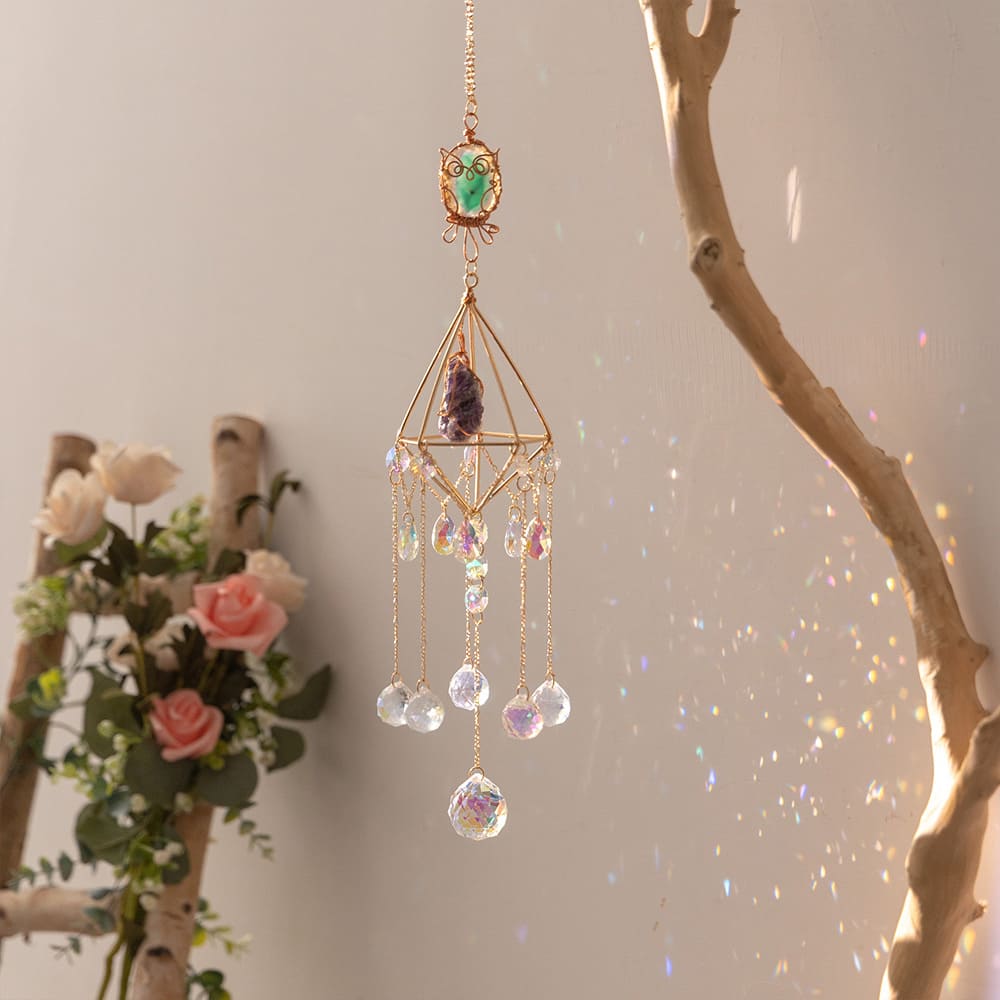 Handcrafted Crystal Wind Chime Dream Catcher & Owl Pendant Wall Sun Catcher Decoration