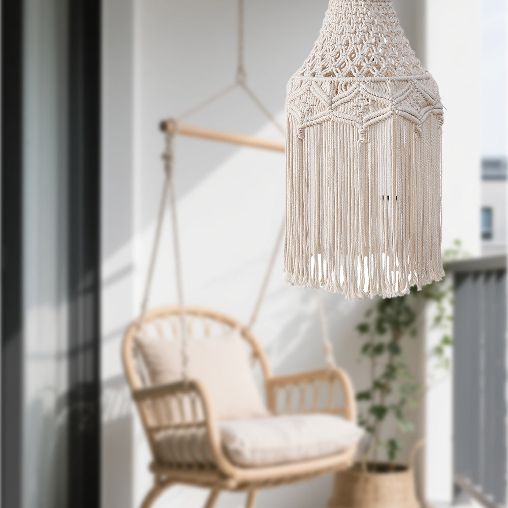 Hand-Woven Cotton Rope Lampshade Decorated With Bohemian Long Tassel Tapestries