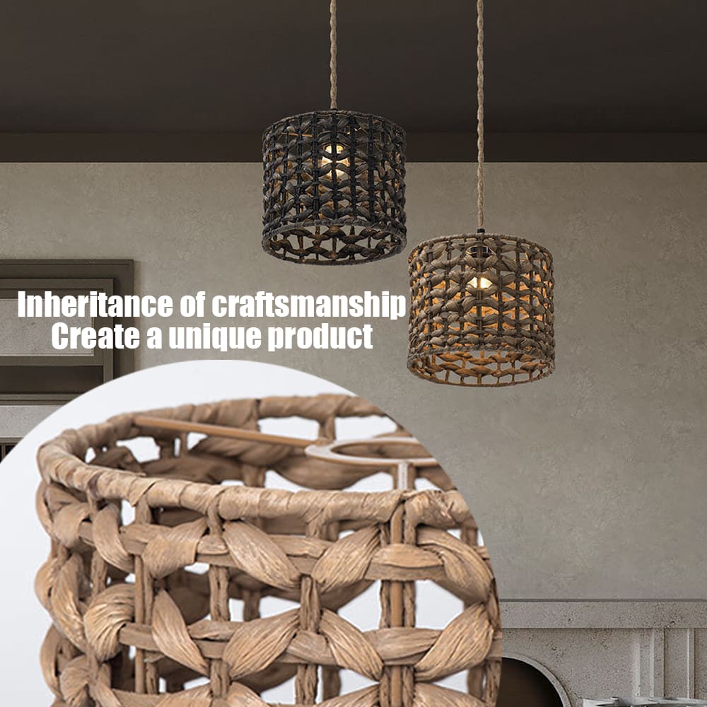 Handwoven Bohemian Straw Rope Lampshade – Natural Rattan Pendant Light Shade